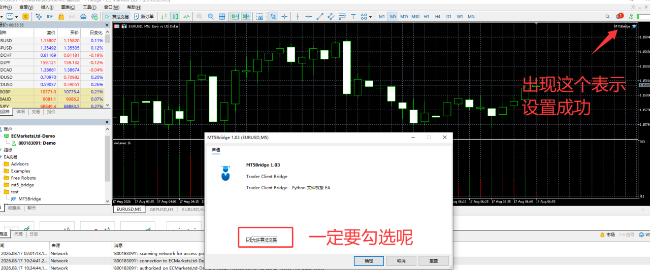 MT5Bridge 属性 — 勾选允许算法交易