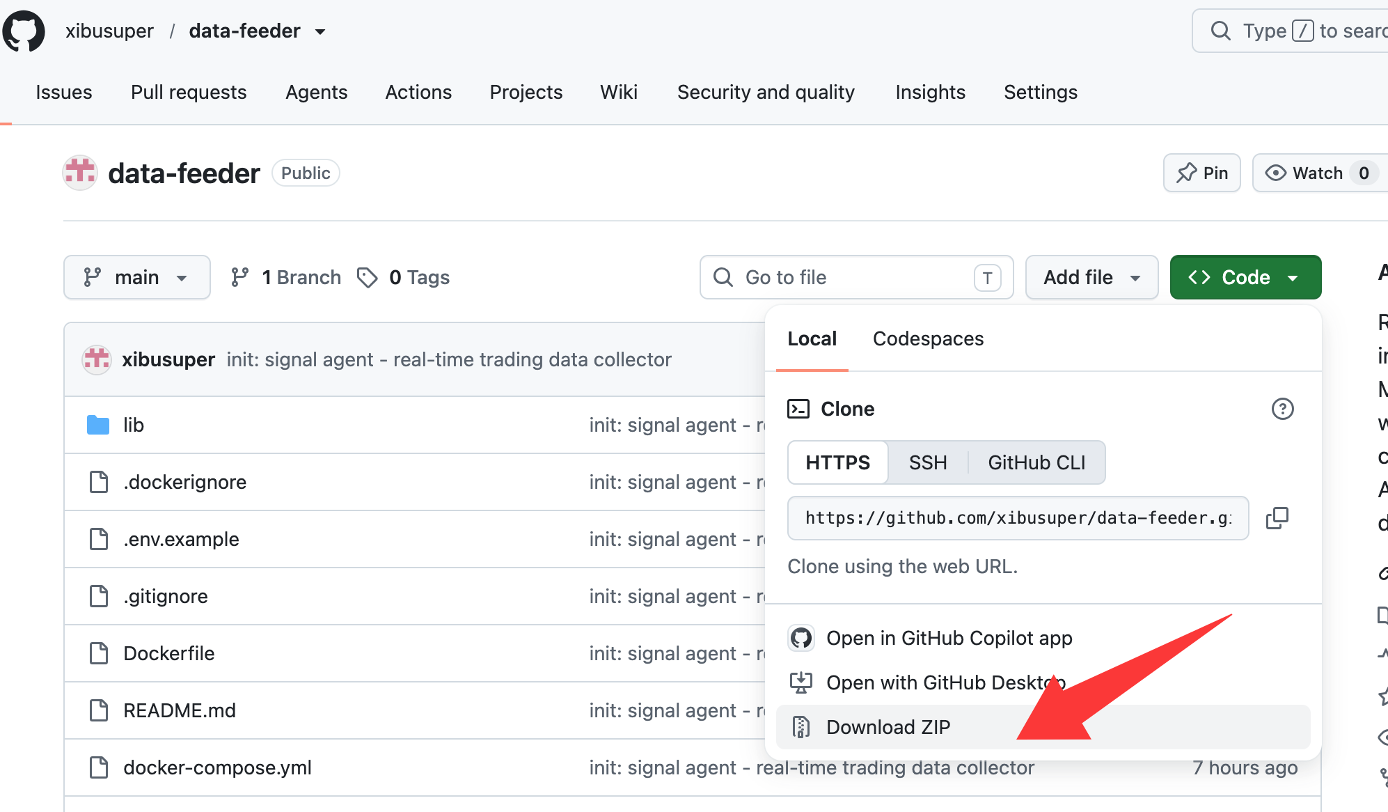 GitHub 仓库页面 — Code 菜单下载 ZIP